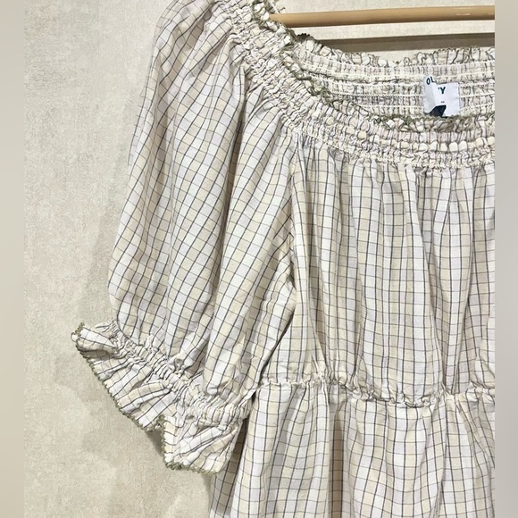 Old Navy Peasant Poof Sleeve Blouse Size Large Off Shoulder Peplum Top Plaid - Picture 2 of 4